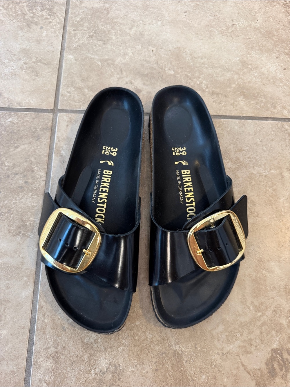 Birkenstock Black Madrid Patent Slide with Gold Buckle- Size 39 - Picture 6 of 8